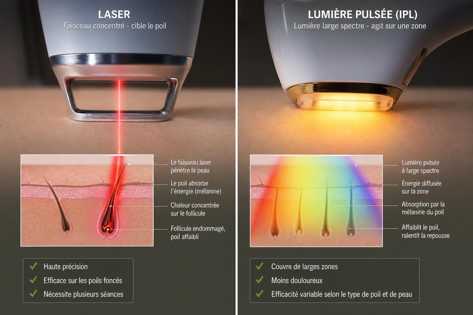 découvrez les différences entre la lumière pulsée et le laser pour l'épilation et choisissez la méthode la plus adaptée à votre peau et à vos besoins.